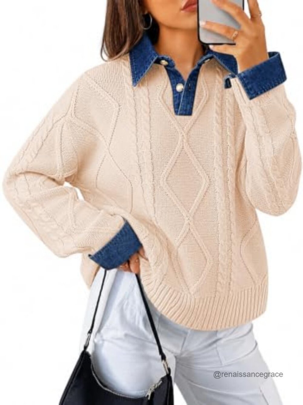 Cable Knit Polo Collar Pullover Sweater 100% Acrylic Denim Cuffs